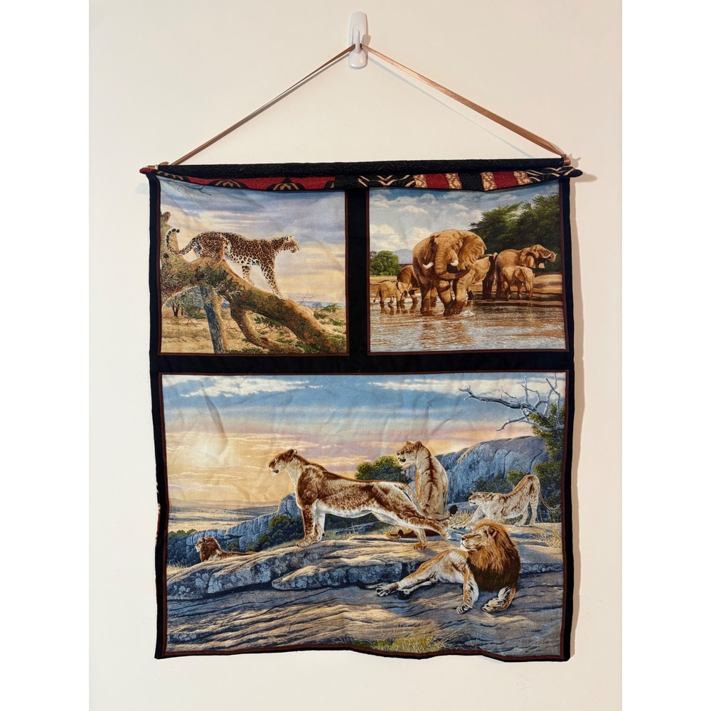 African Safari Wildlife Quilted Wall Hanging Reversible Batik Lion Elephant Art